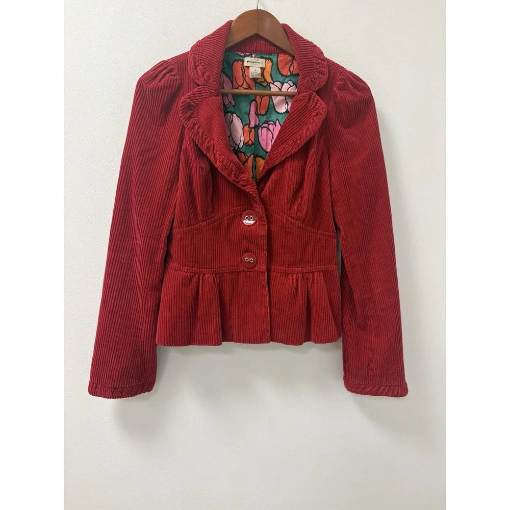 Size 6 Anthropologie Elevenses Jacket Blazer Red Corduroy Peplum